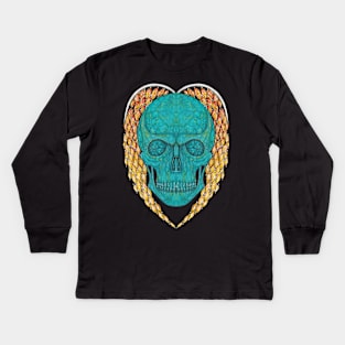 Skull head design turquoise and sapphire wing heart. Kids Long Sleeve T-Shirt